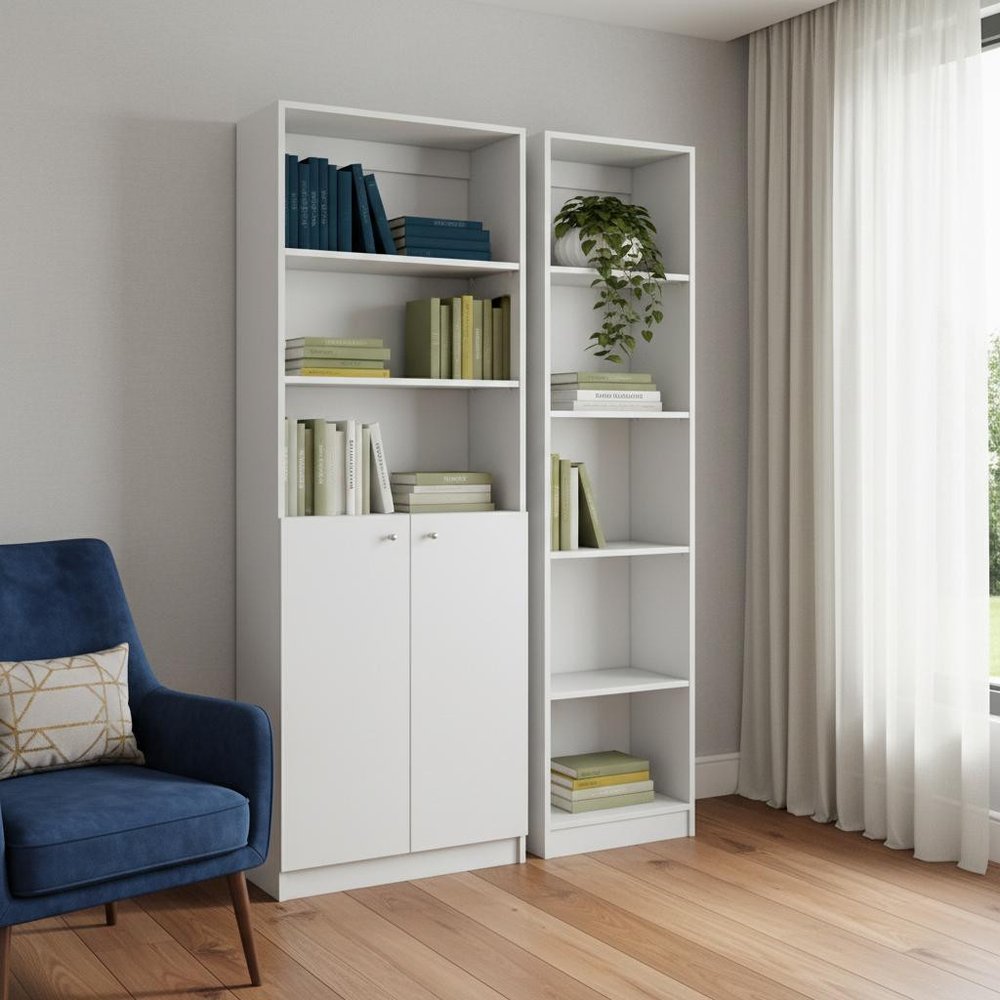Set of Two White Wood Five Tier Modular Bookcase with Two Doors  Warm Home View