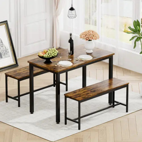 Rustic Brown Bench Dining Table Set Wood/Steel 3-Piece  Warm Home View