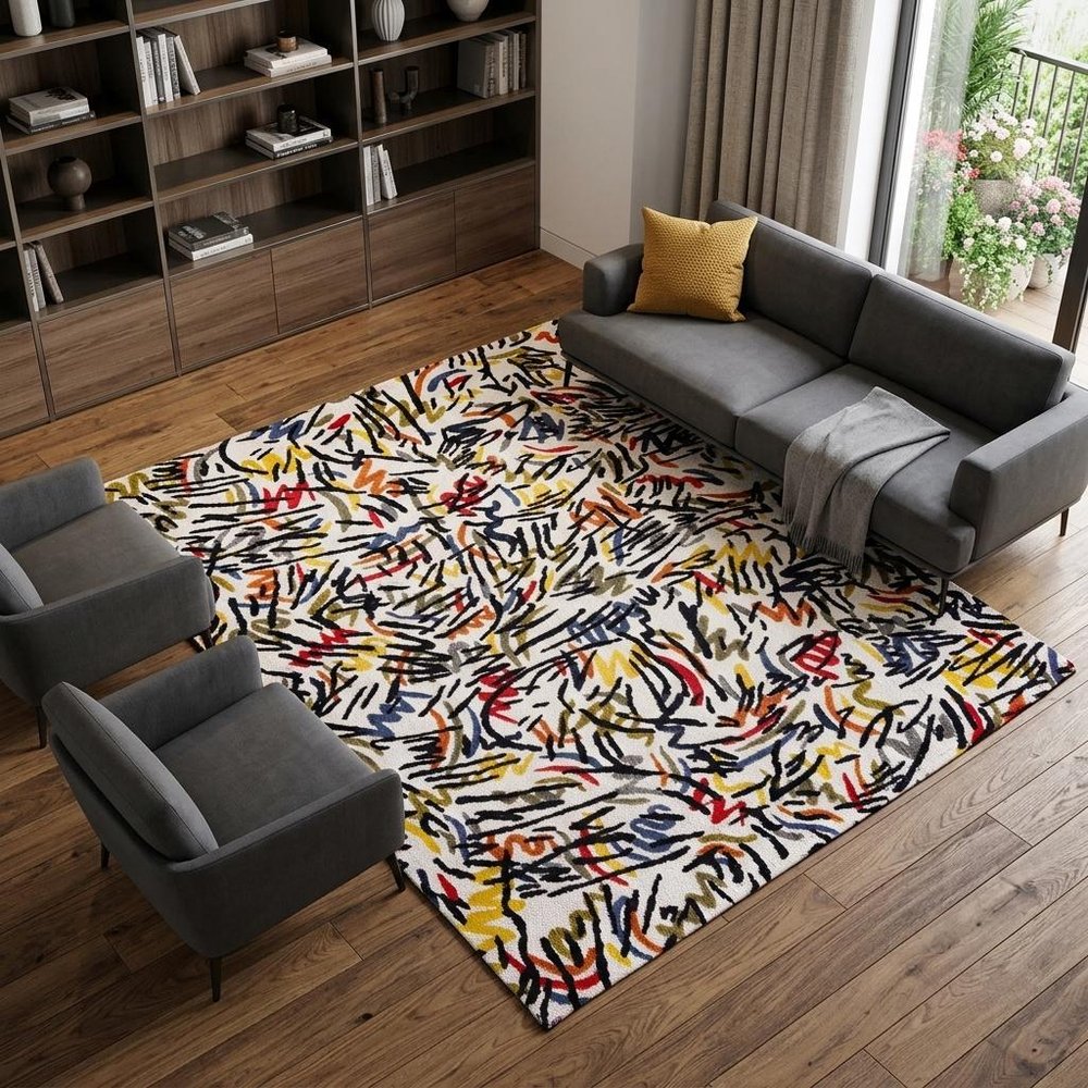 9' X 13' White Abstract Non Skid Area Rug  Warm Home View