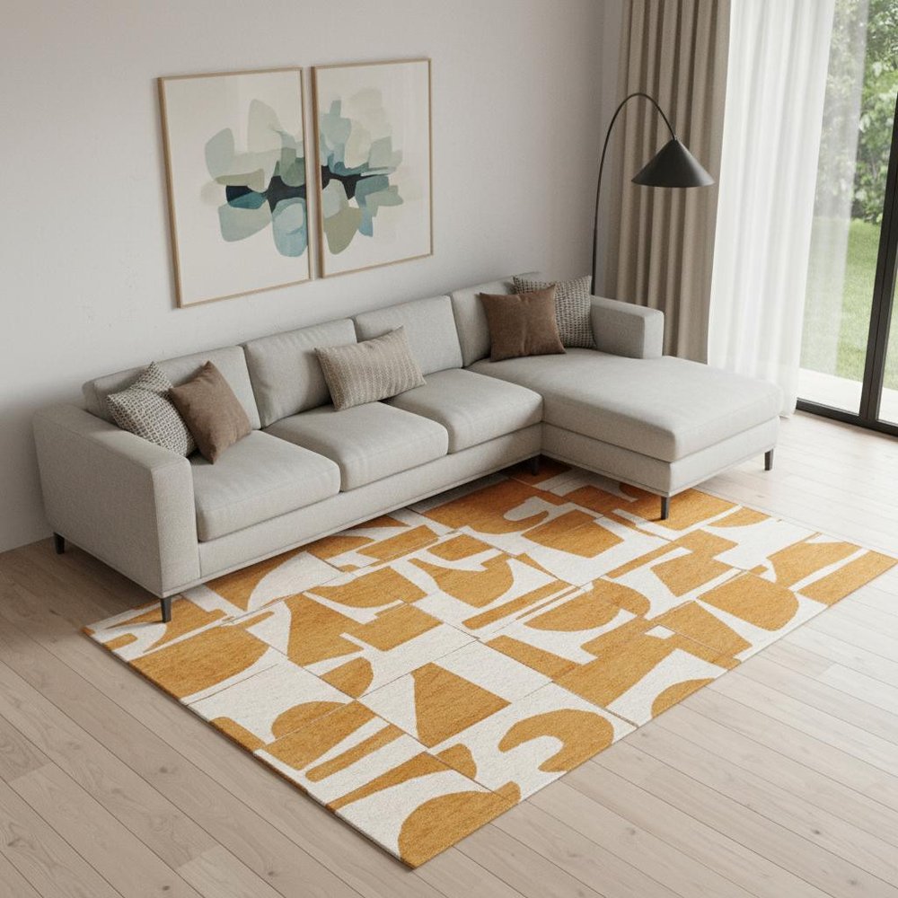 9' X 13' Yellow And White Geometric Washable Area Rug  Warm Home View