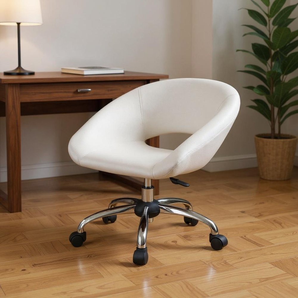 White and Silver Faux Leather Adjustable Height Swivel Rolling Office Chair  Warm Home View