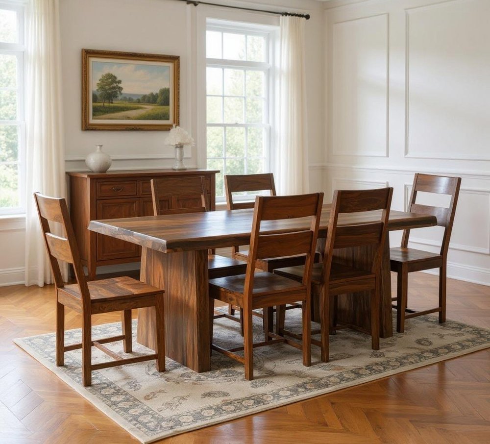 Seven Piece Brown Solid Wood Dining Set with Six Chairs  Warm Home View