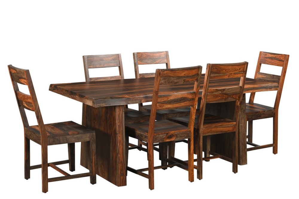 Seven Piece Brown Solid Wood Dining Set with Six Chairs  Warm Home View
