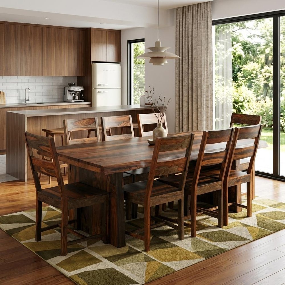 Nine Piece Brown Solid Wood Dining Set with Eight Chairs  Warm Home View