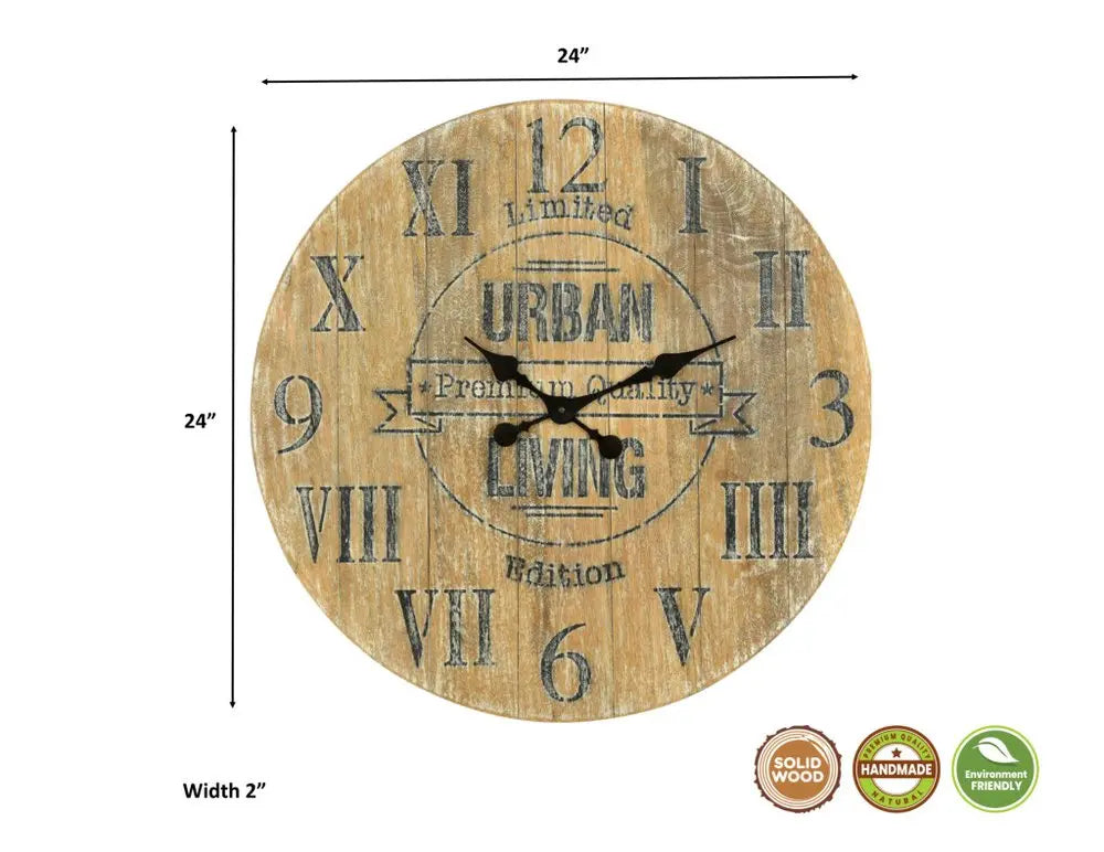 24" Natural Distressed Solid Wood Silent Analog Round Wall Clock  Warm Home View