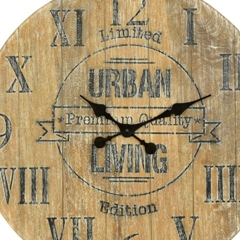 24" Natural Distressed Solid Wood Silent Analog Round Wall Clock  Warm Home View