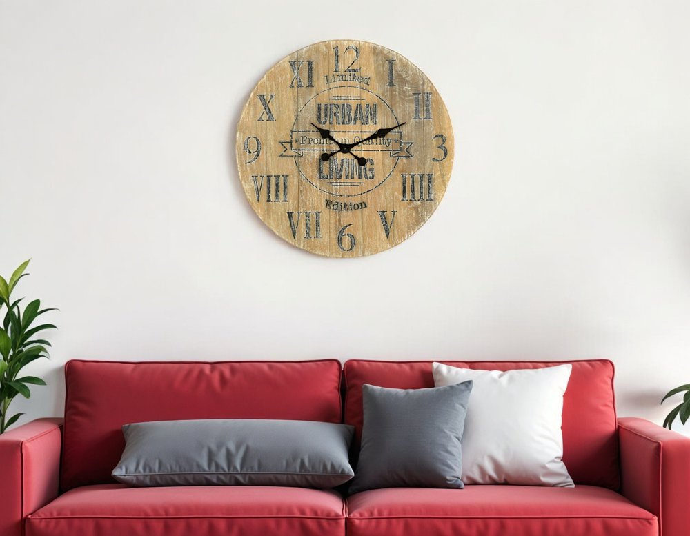 24" Natural Distressed Solid Wood Silent Analog Round Wall Clock  Warm Home View