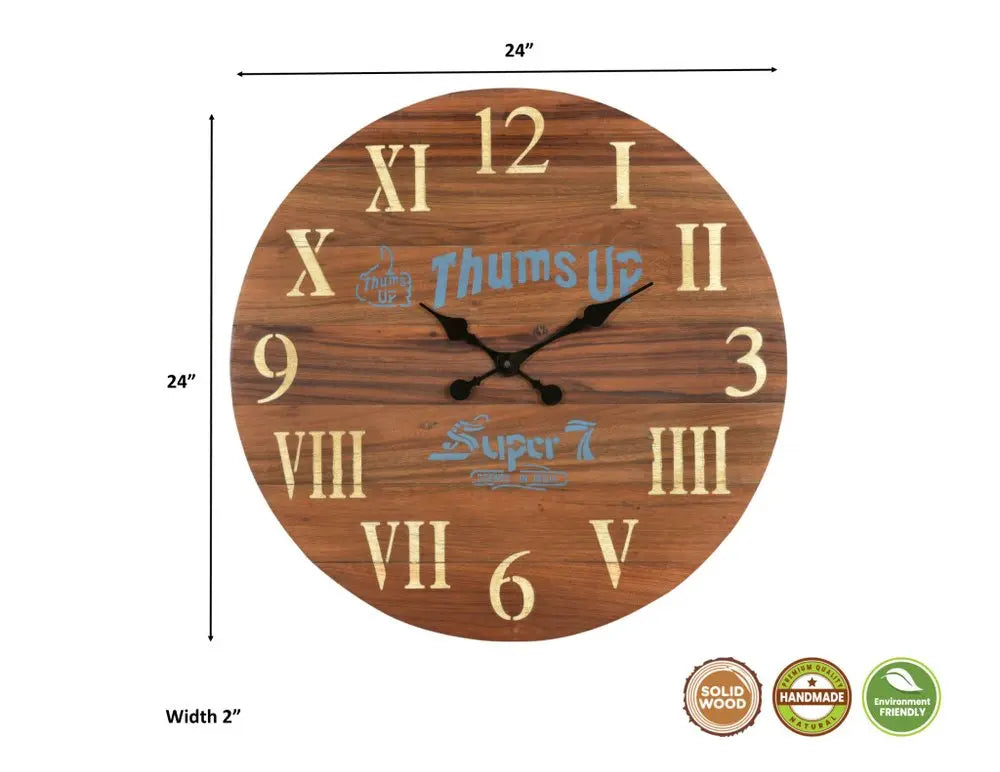 24" Brown Solid Wood Silent Analog Round Wall Clock  Warm Home View