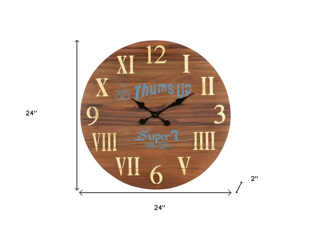 24" Brown Solid Wood Silent Analog Round Wall Clock  Warm Home View