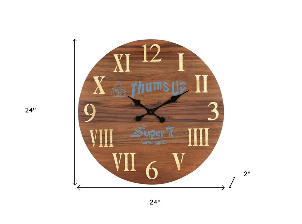 24" Brown Solid Wood Silent Analog Round Wall Clock  Warm Home View
