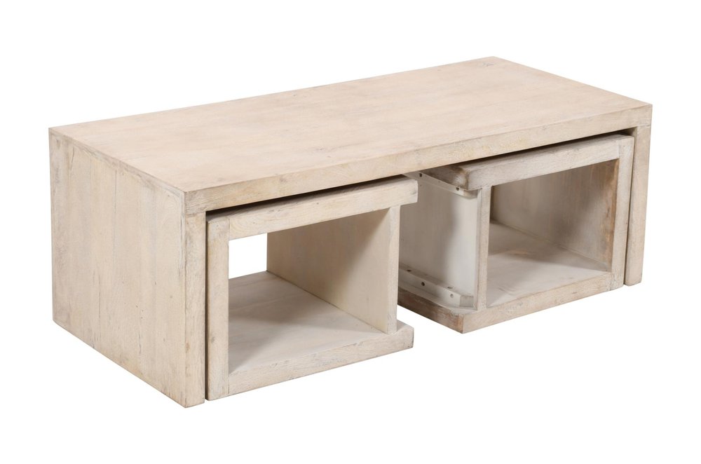 Three Piece Natural Solid Wood Distressed Sled Coffee And End Tables Set  Warm Home View