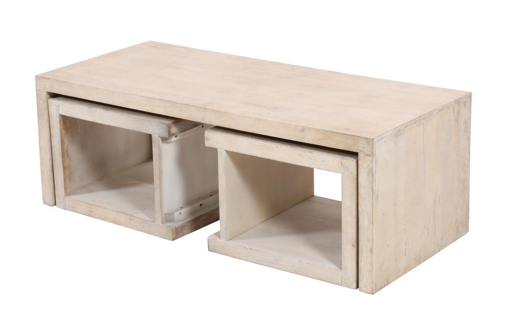 Three Piece Natural Solid Wood Distressed Sled Coffee And End Tables Set  Warm Home View
