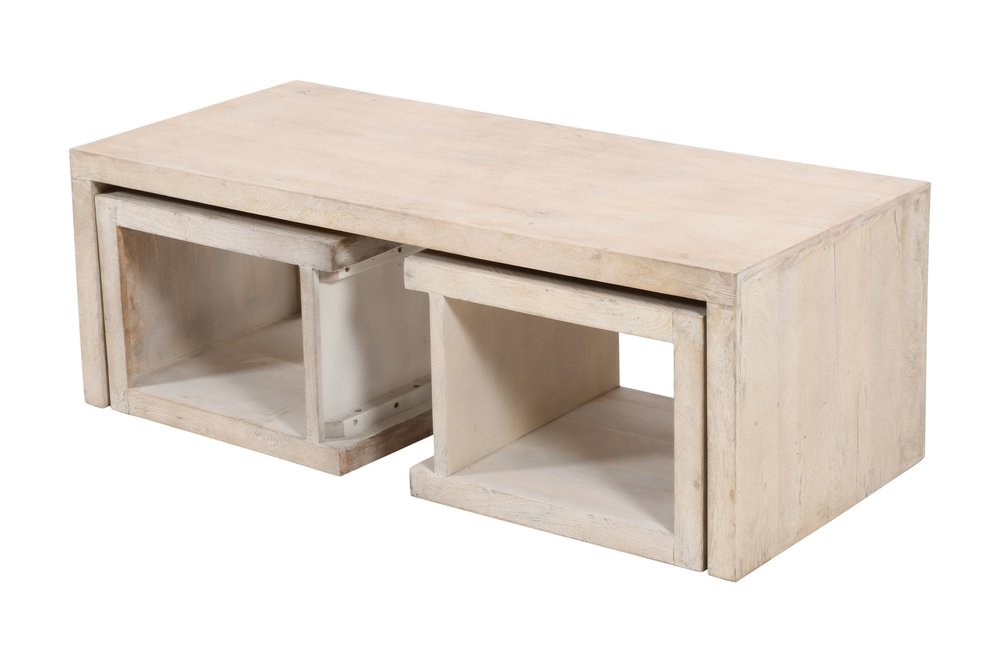 Three Piece Natural Solid Wood Distressed Sled Coffee And End Tables Set  Warm Home View