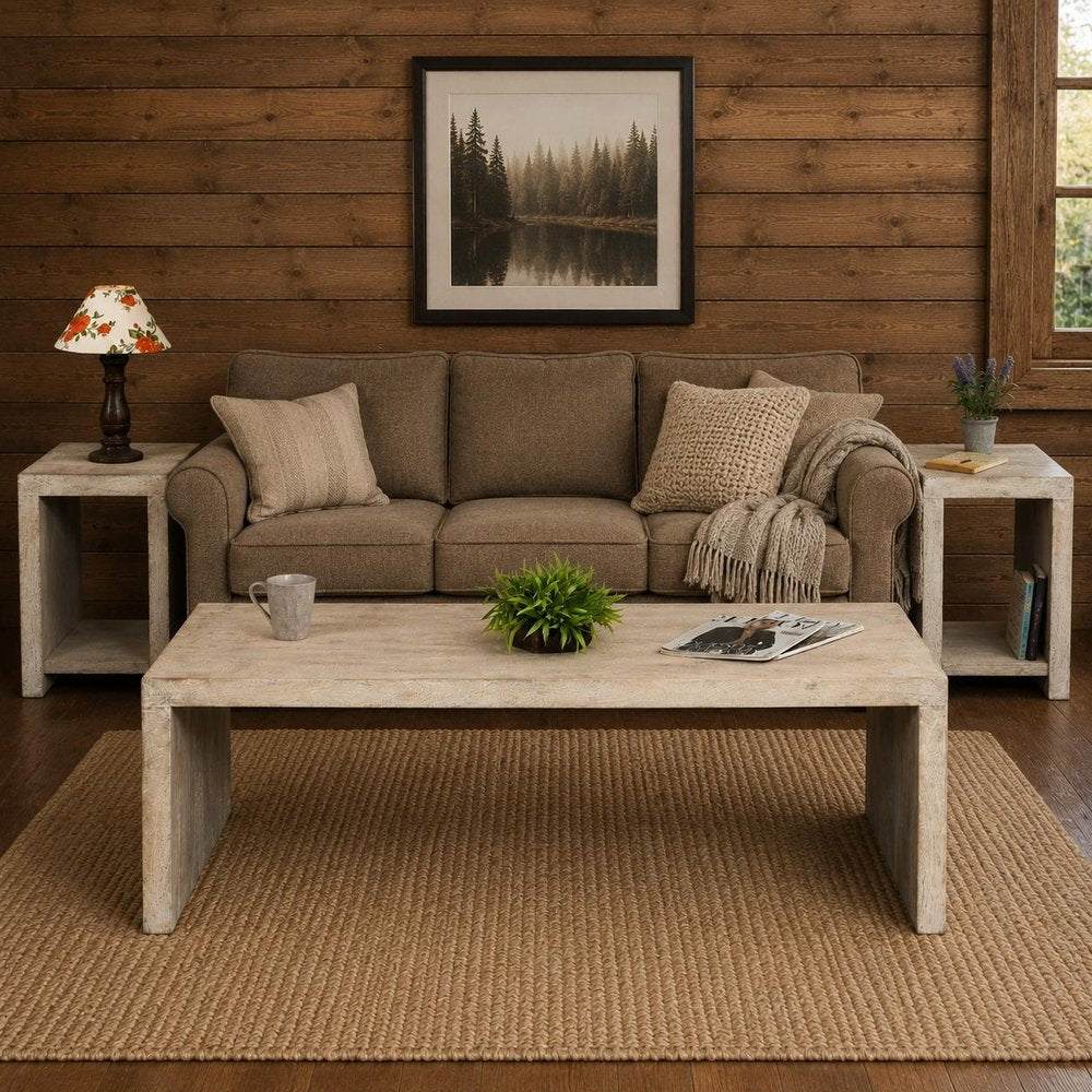 Three Piece Natural Solid Wood Distressed Sled Coffee And End Tables Set  Warm Home View