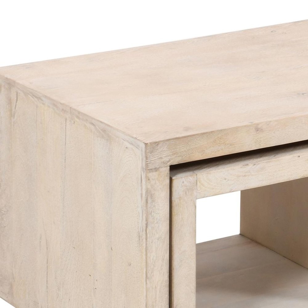 Three Piece Natural Solid Wood Distressed Sled Coffee And End Tables Set  Warm Home View