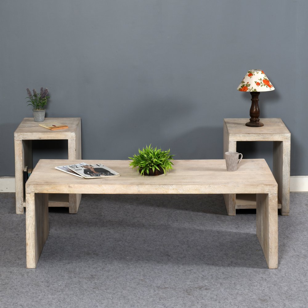 Three Piece Natural Solid Wood Distressed Sled Coffee And End Tables Set  Warm Home View