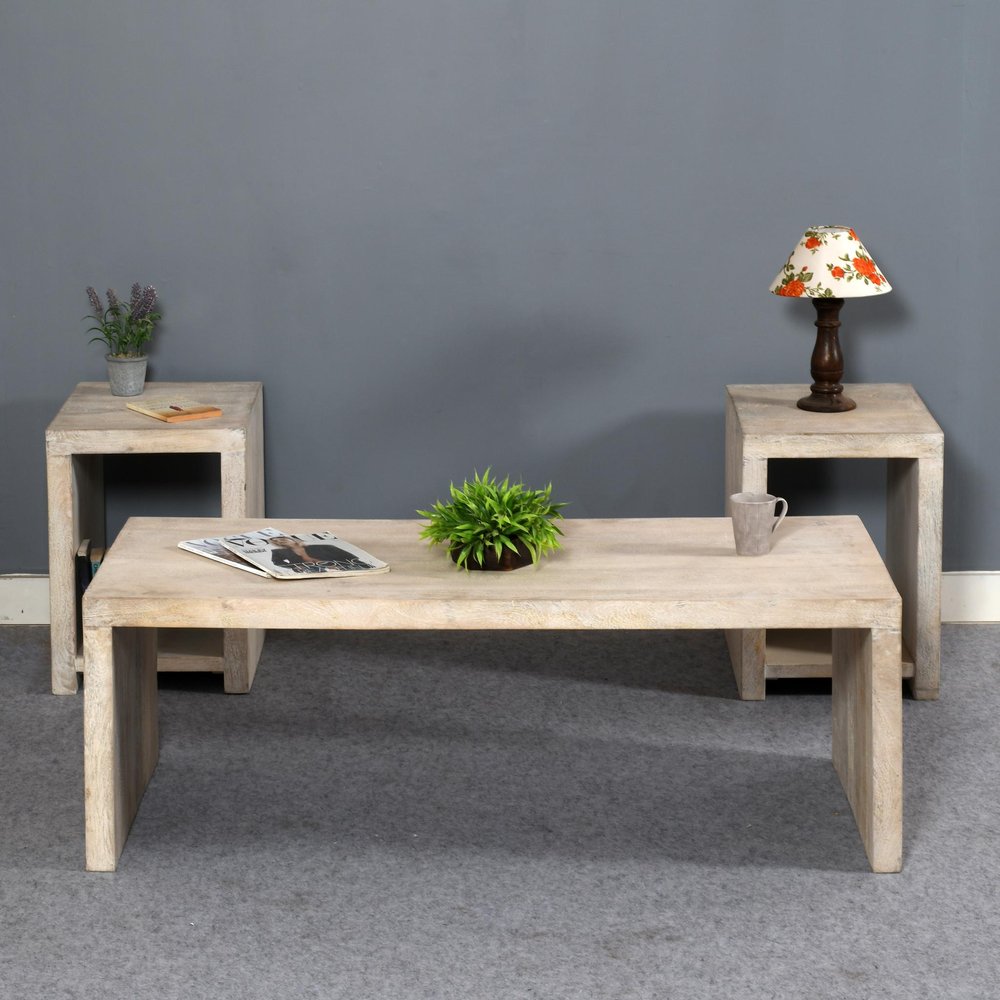 Three Piece Natural Solid Wood Distressed Sled Coffee And End Tables Set  Warm Home View
