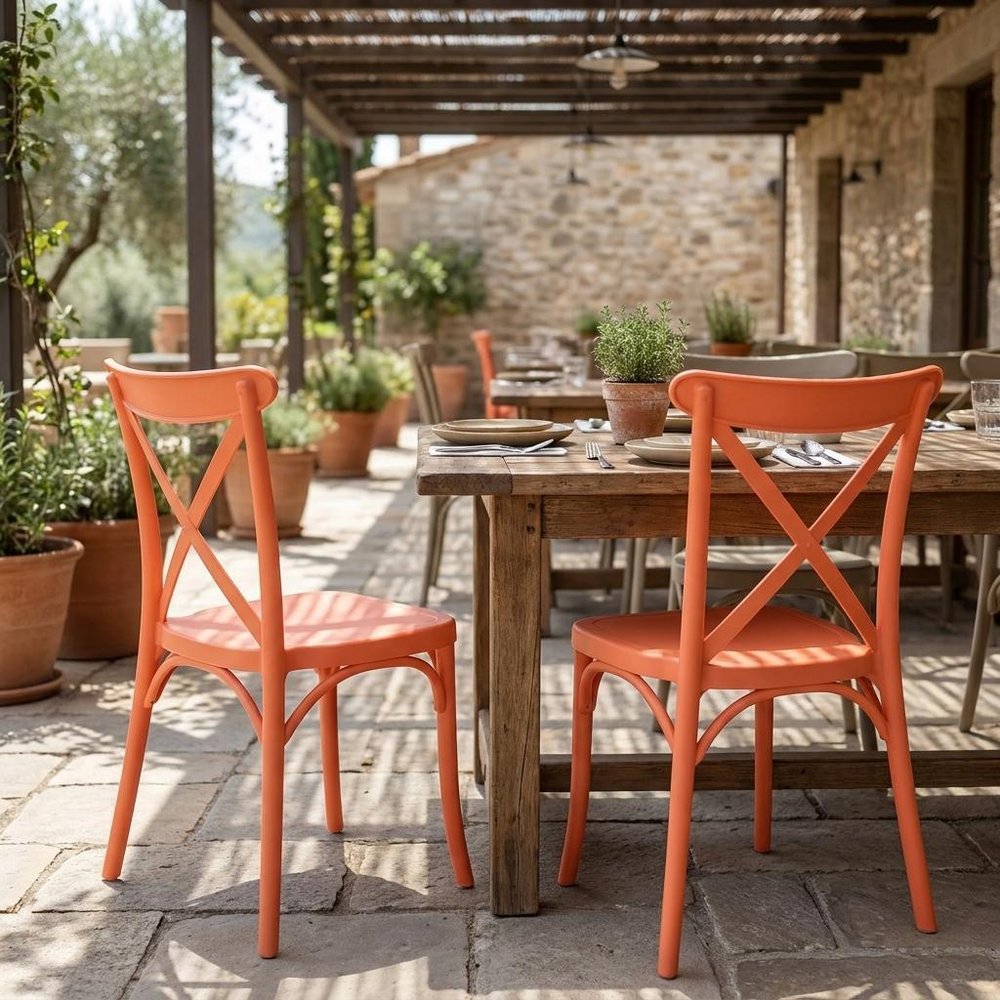 Set of Two Salmon Heavy Duty Plastic Outdoor Stacking Dining Chairs  Warm Home View