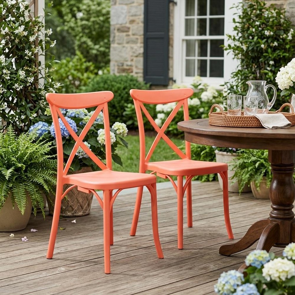 Set of Two Salmon Heavy Duty Plastic Outdoor Stacking Dining Chairs  Warm Home View