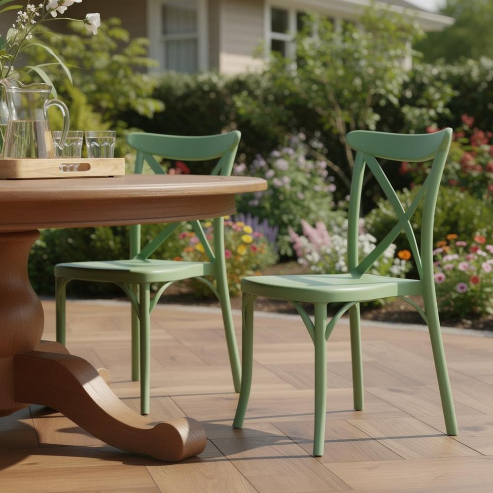 Set of Two Green Heavy Duty Plastic Outdoor Stacking Dining Chairs  Warm Home View
