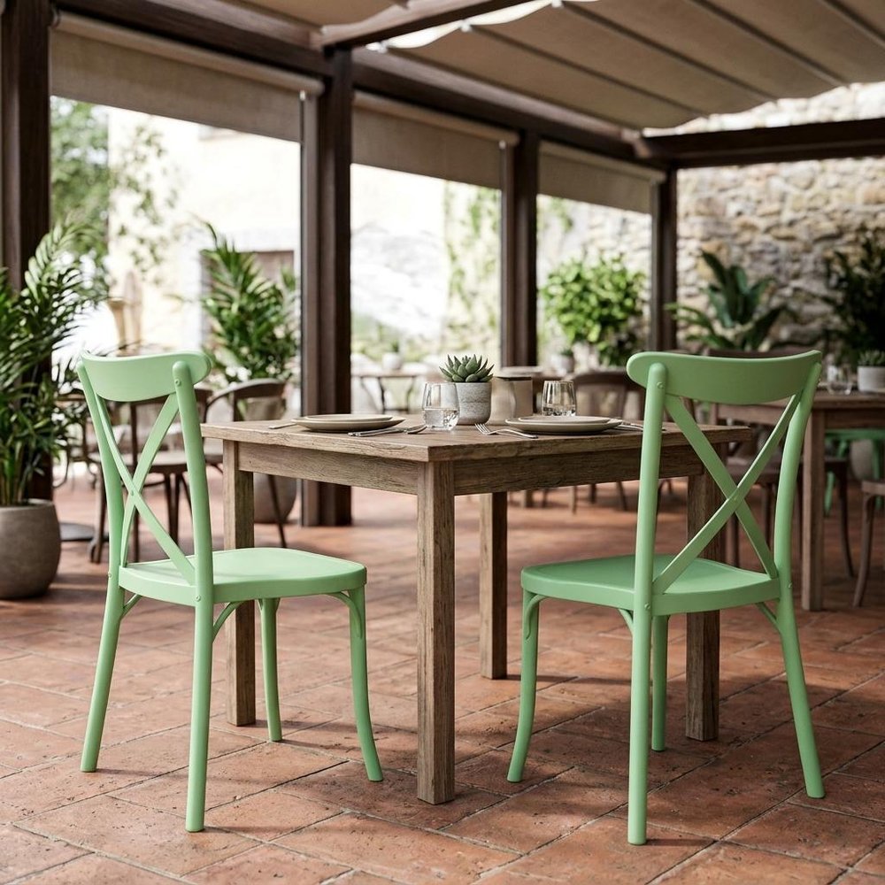 Set of Two Green Heavy Duty Plastic Outdoor Stacking Dining Chairs  Warm Home View