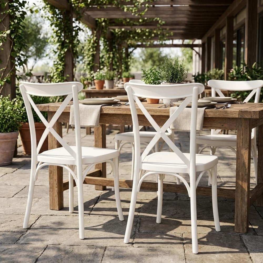 Set of Two White Heavy Duty Plastic Outdoor Stacking Dining Chairs  Warm Home View
