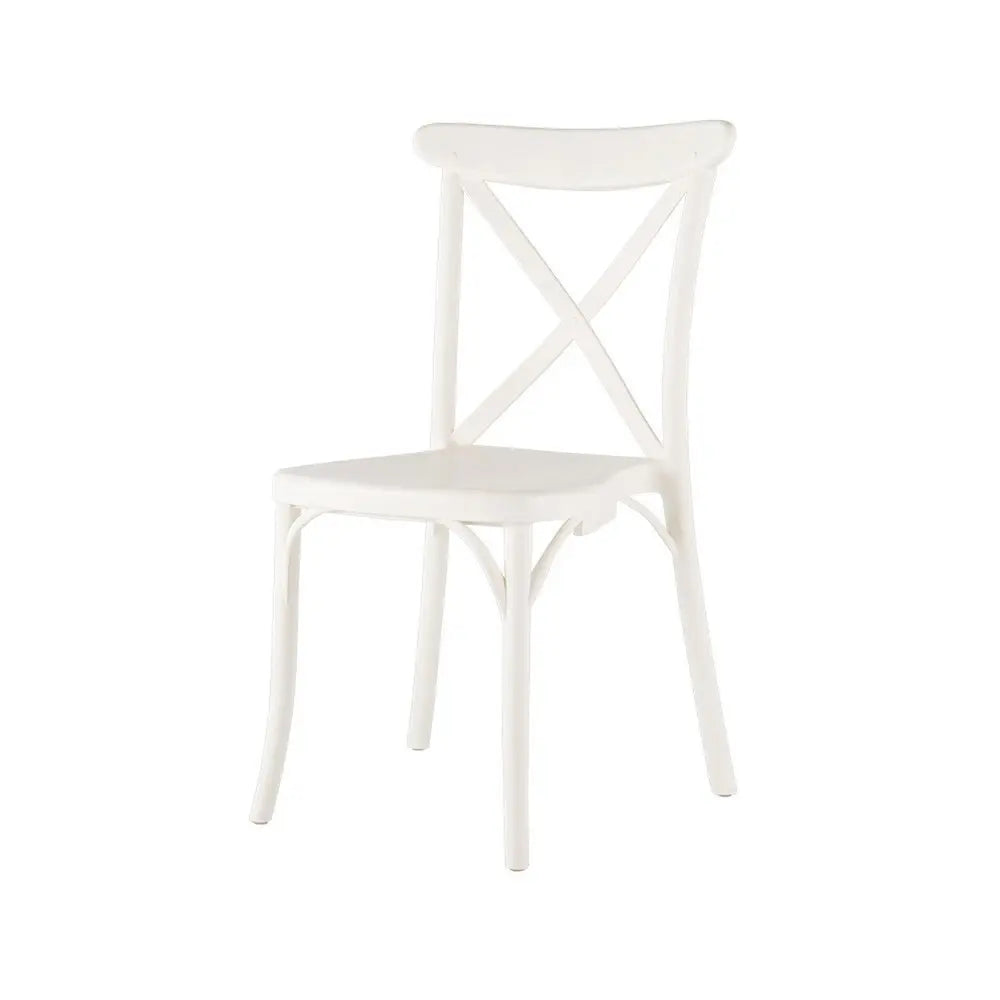 Set of Two White Heavy Duty Plastic Outdoor Stacking Dining Chairs – X-Back Design  Warm Home View
