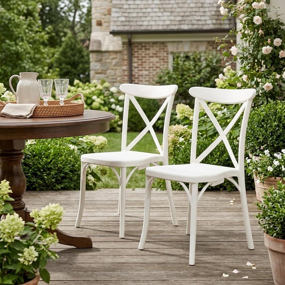 Set of Two White Heavy Duty Plastic Outdoor Stacking Dining Chairs  Warm Home View