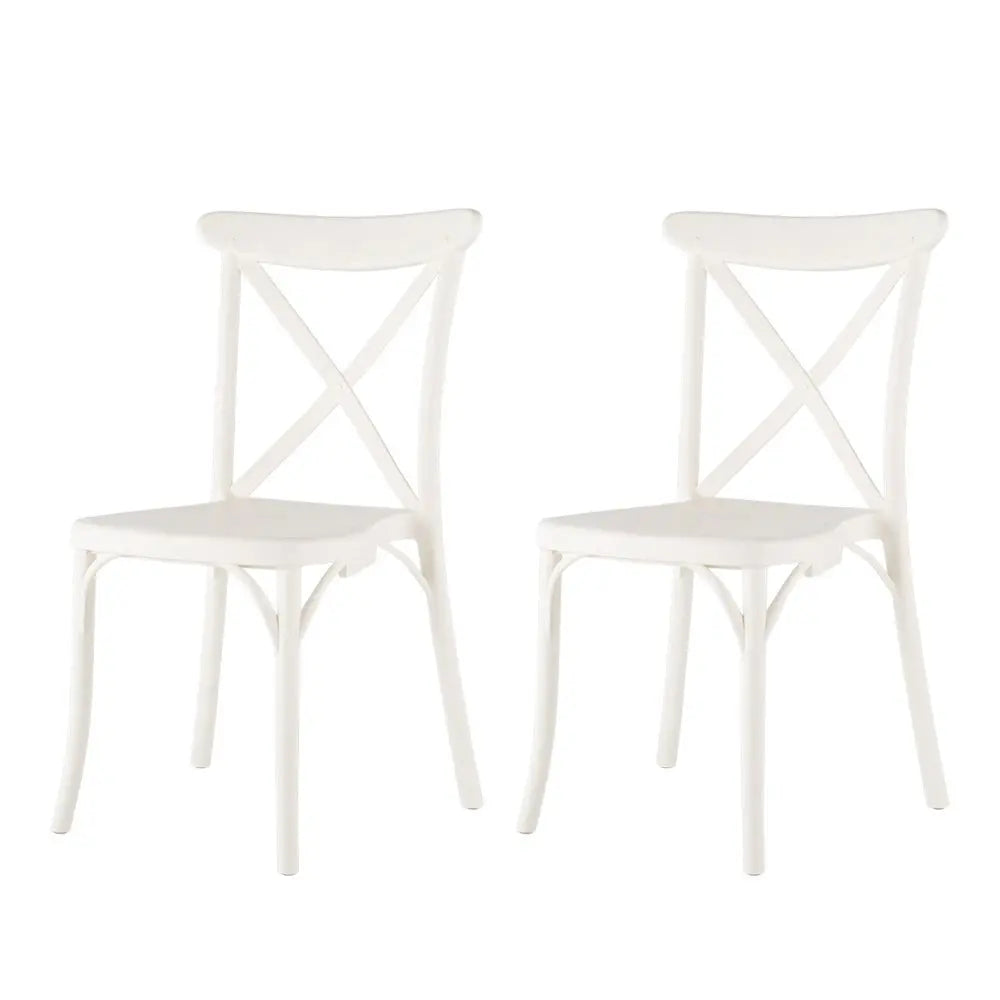 Set of Two White Heavy Duty Plastic Outdoor Stacking Dining Chairs – X-Back Design  Warm Home View