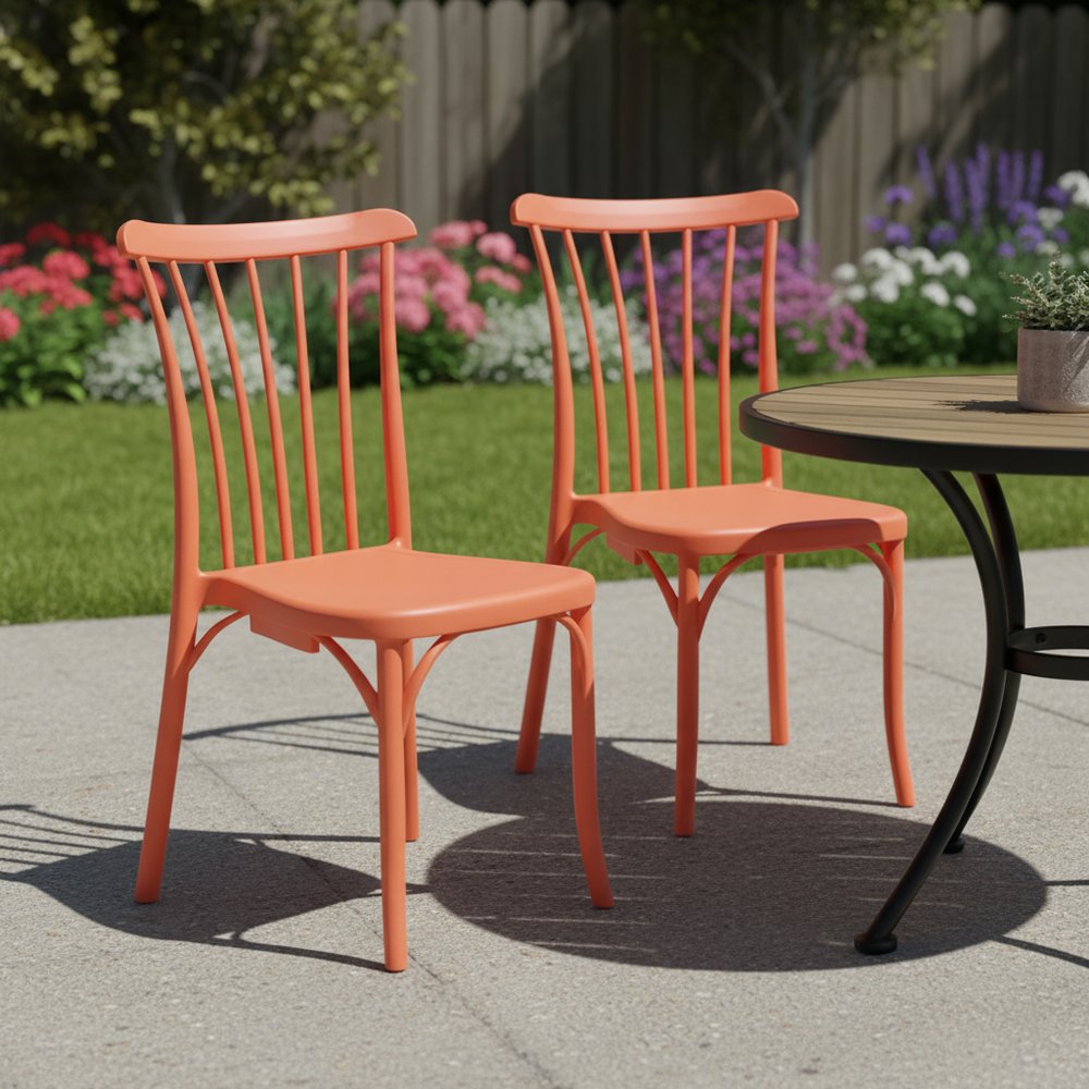 Set of Two Salmon Heavy Duty Plastic Outdoor Stacking Dining Chairs  Warm Home View