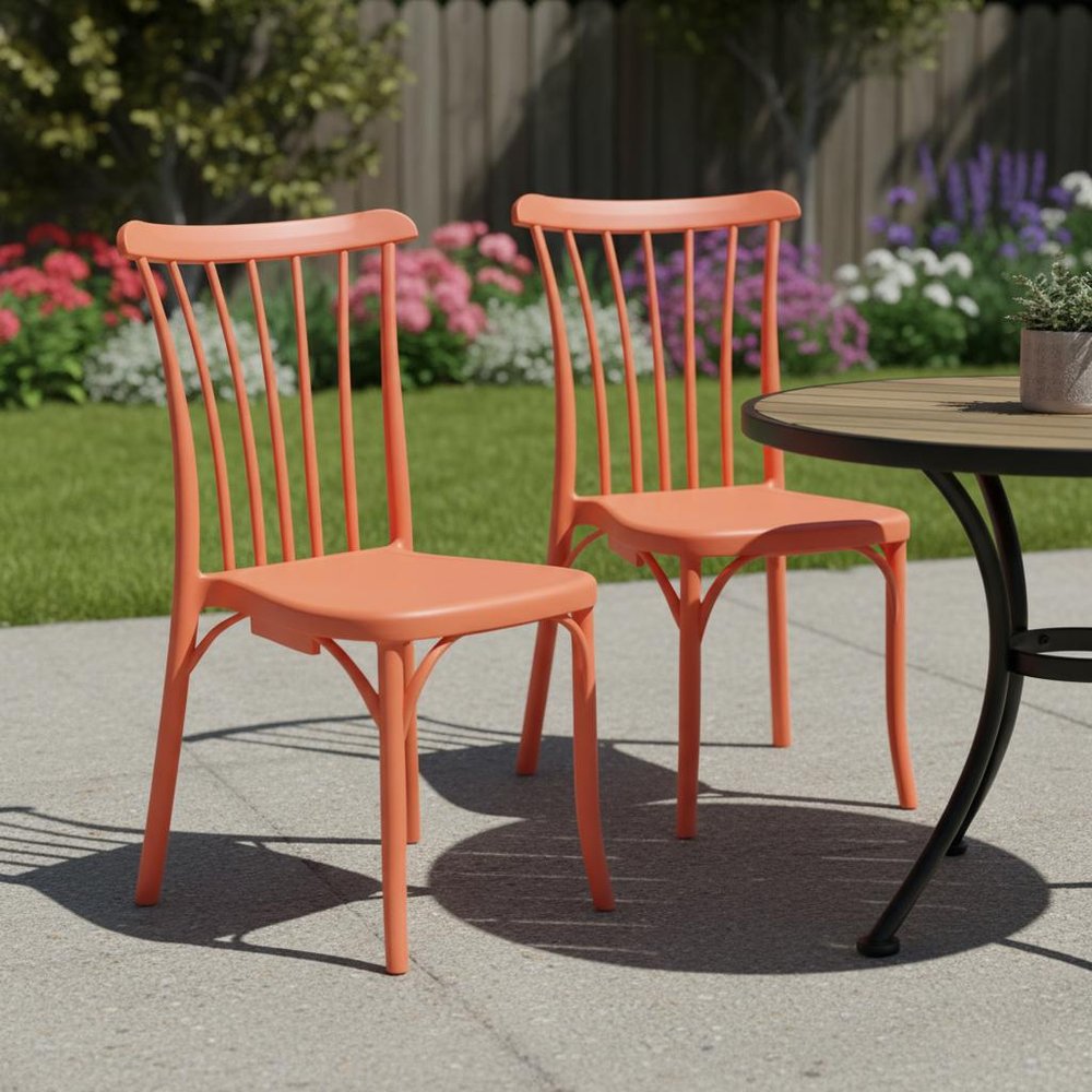 Set of Two Salmon Heavy Duty Plastic Outdoor Stacking Dining Chairs  Warm Home View