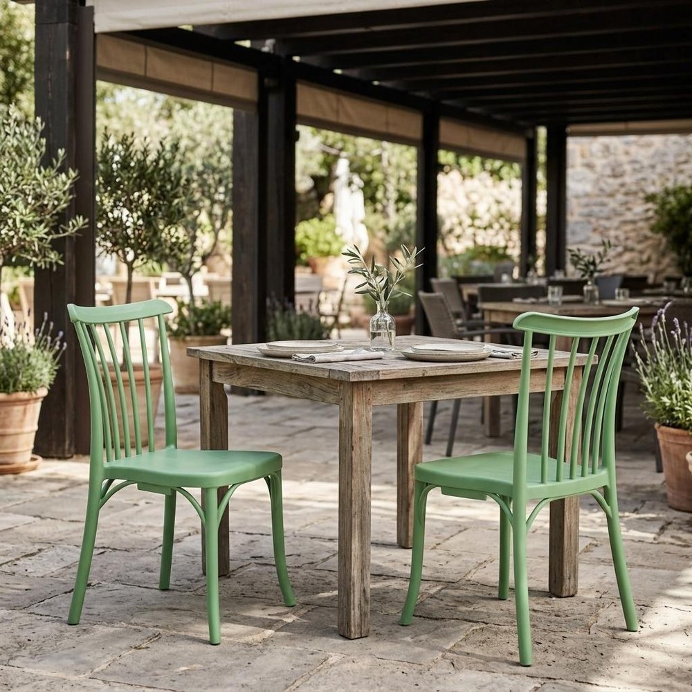 Set of Two Green Heavy Duty Plastic Outdoor Stacking Dining Chairs  Warm Home View