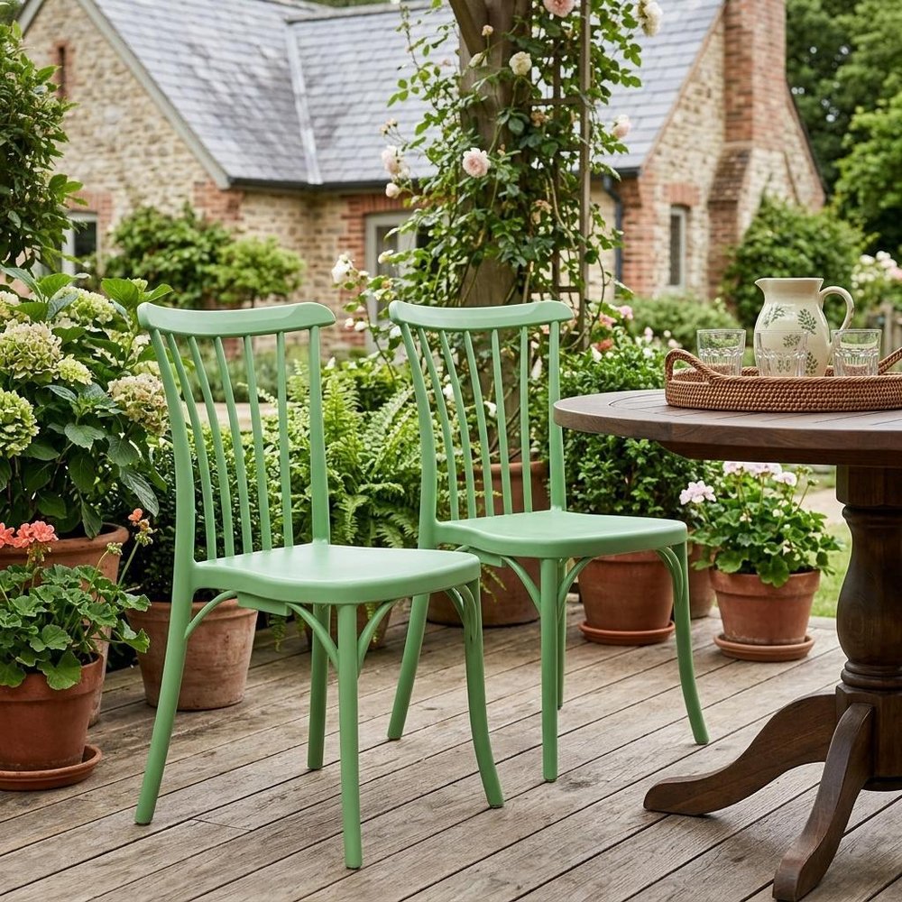 Set of Two Green Heavy Duty Plastic Outdoor Stacking Dining Chairs  Warm Home View
