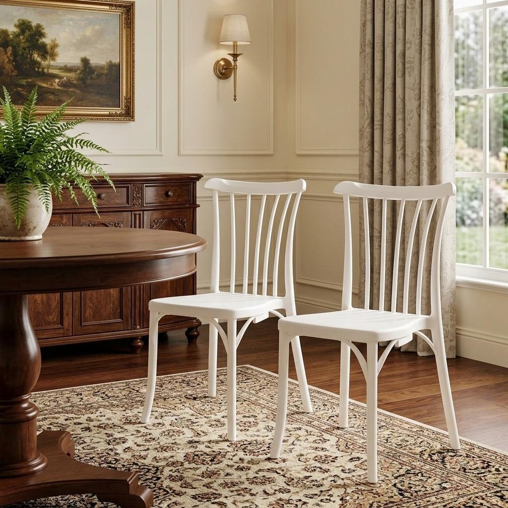 Set of Two White Heavy Duty Plastic Outdoor Stacking Dining Chairs  Warm Home View