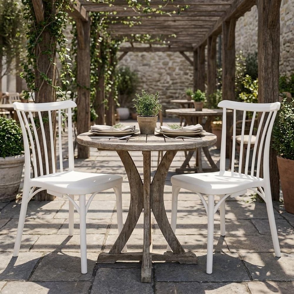 Set of Two White Heavy Duty Plastic Outdoor Stacking Dining Chairs  Warm Home View