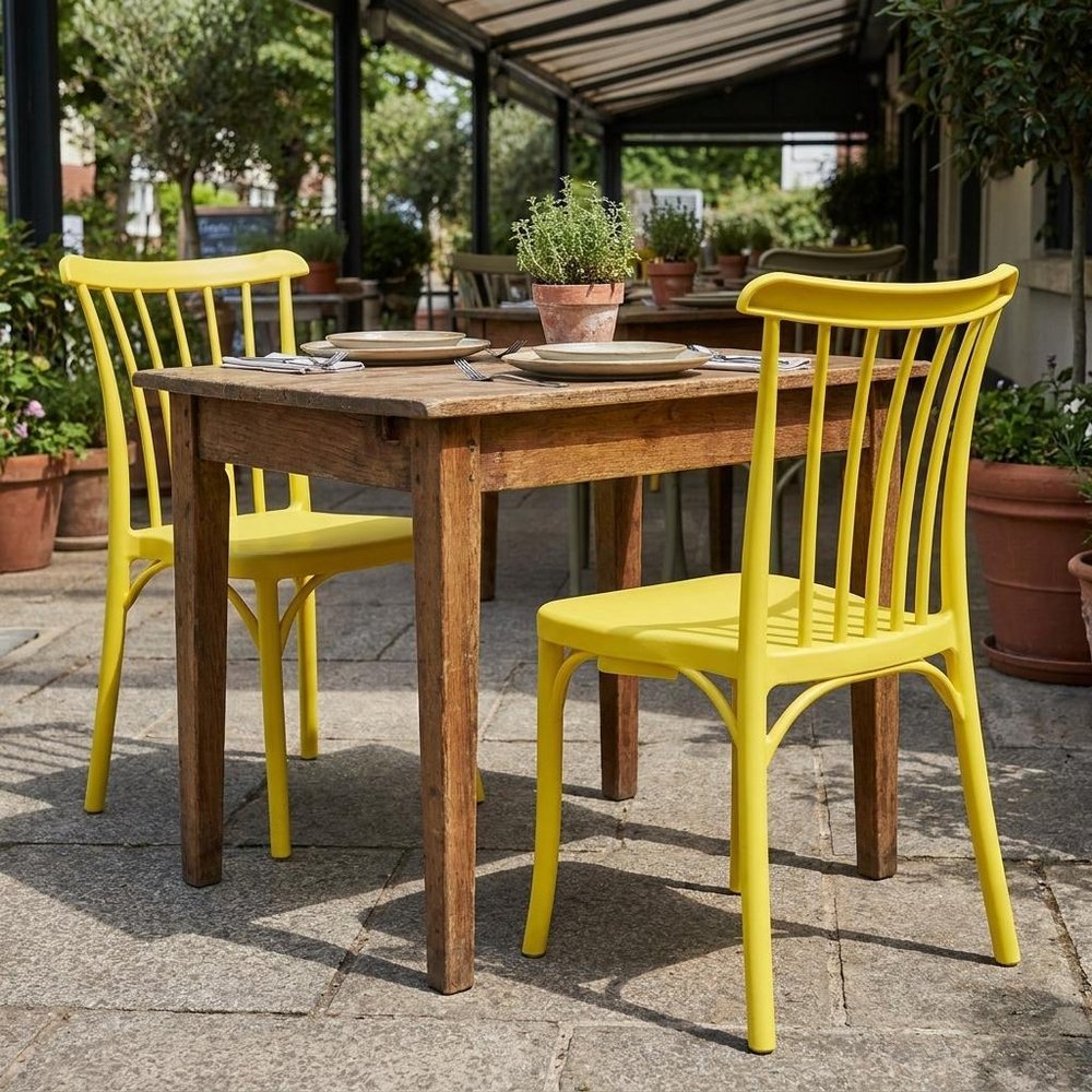 Set of Two Yellow Heavy Duty Plastic Outdoor Stacking Dining Chairs  Warm Home View