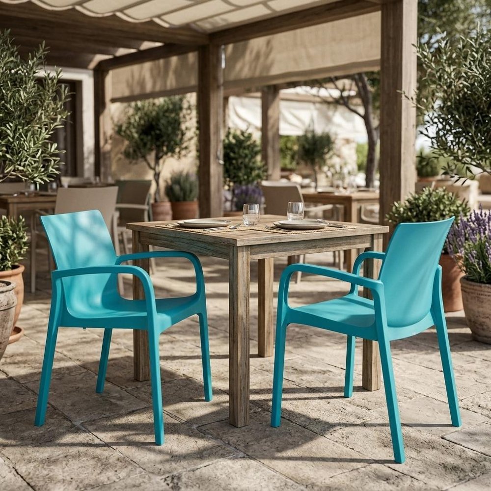 Set of Two Turquoise Heavy Duty Plastic Outdoor Stacking Dining Chairs  Warm Home View