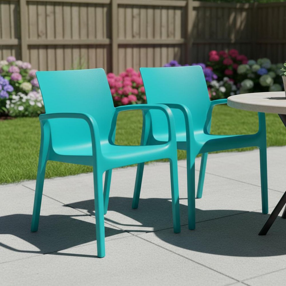Set of Two Turquoise Heavy Duty Plastic Outdoor Stacking Dining Chairs  Warm Home View