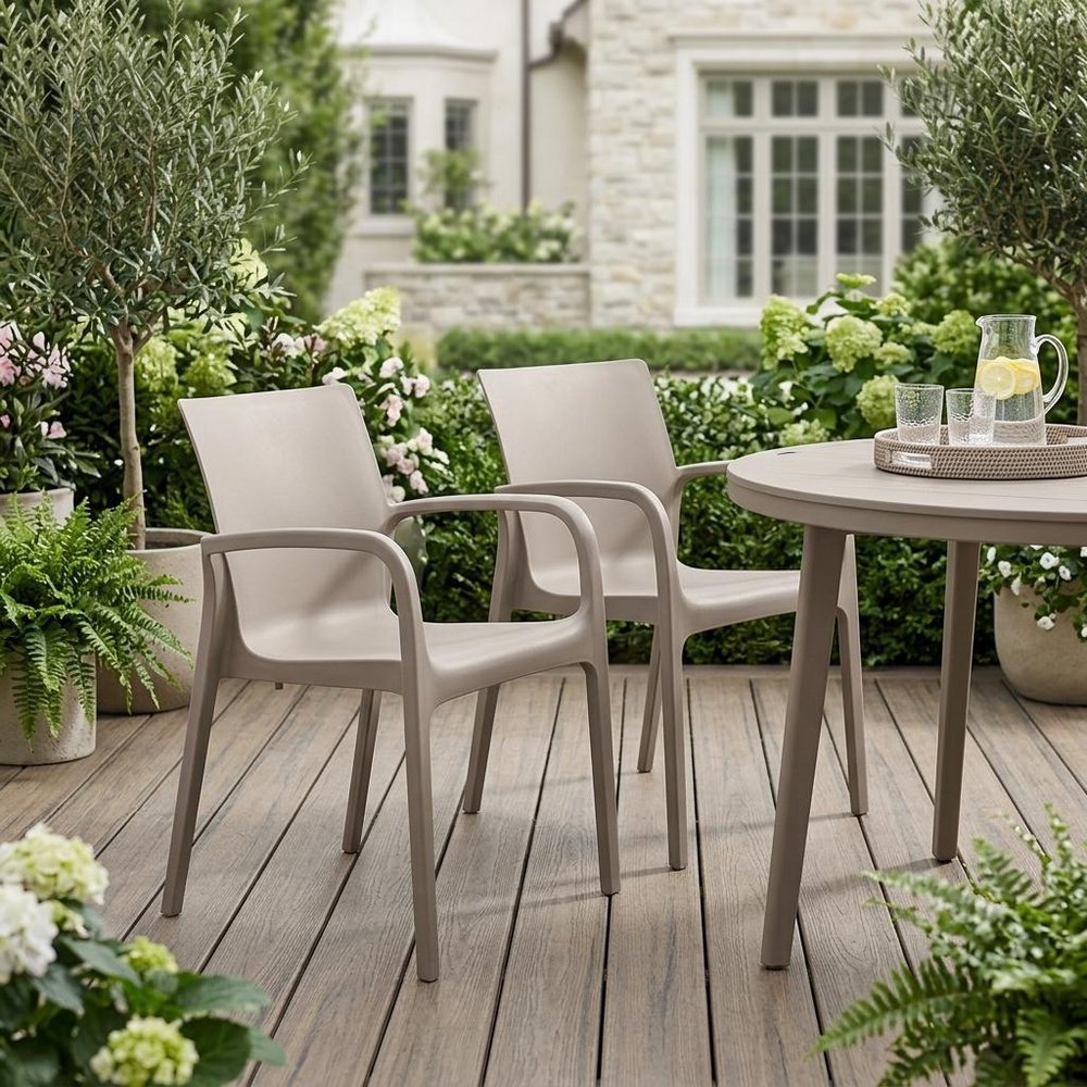 Set of Two Taupe Heavy Duty Plastic Outdoor Stacking Dining Chairs  Warm Home View