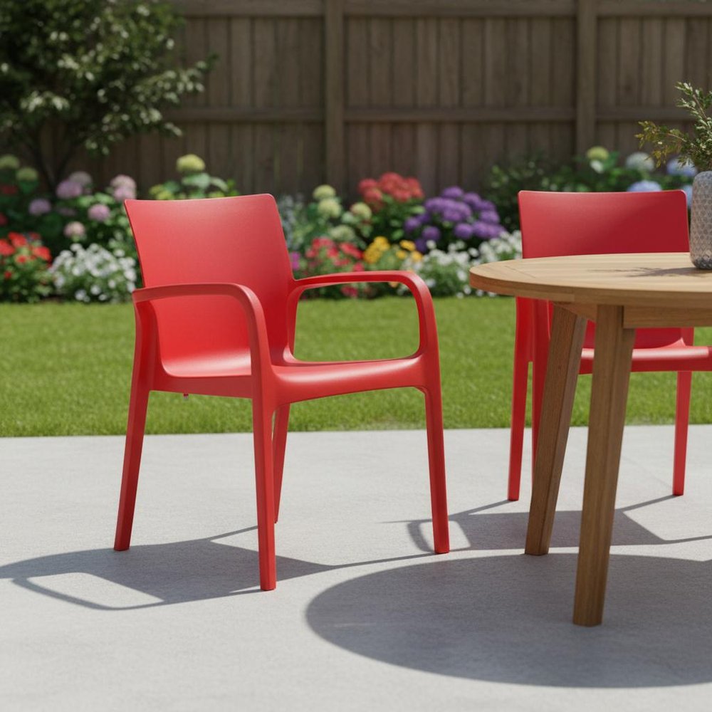Set of Two Red Heavy Duty Plastic Outdoor Stacking Dining Chairs  Warm Home View