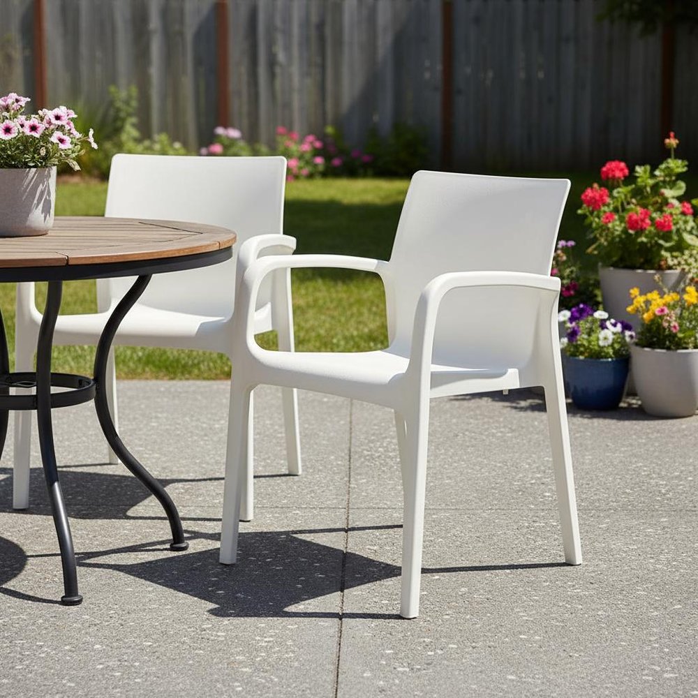 Set of Two White Heavy Duty Plastic Outdoor Stacking Dining Chairs  Warm Home View