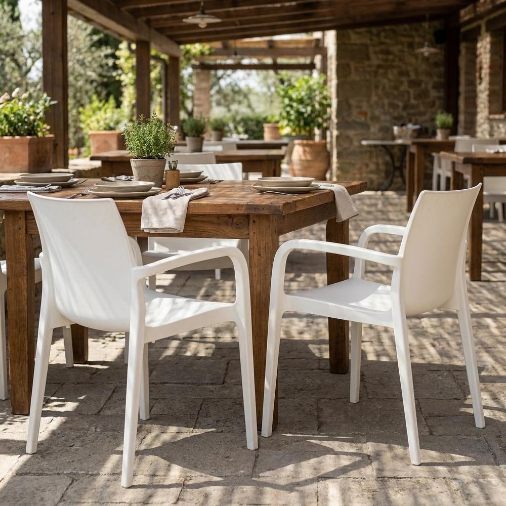 Set of Two White Heavy Duty Plastic Outdoor Stacking Dining Chairs  Warm Home View
