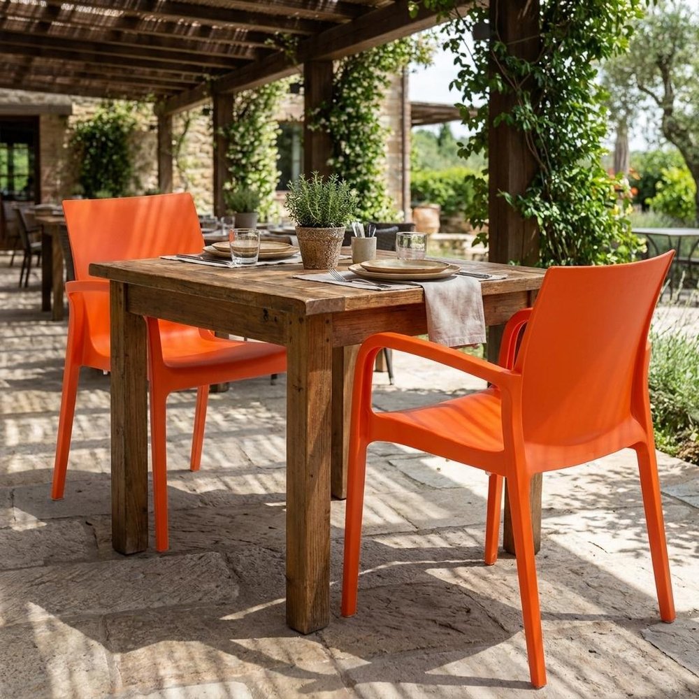 Set of Two Orange Heavy Duty Plastic Outdoor Stacking Dining Chairs  Warm Home View