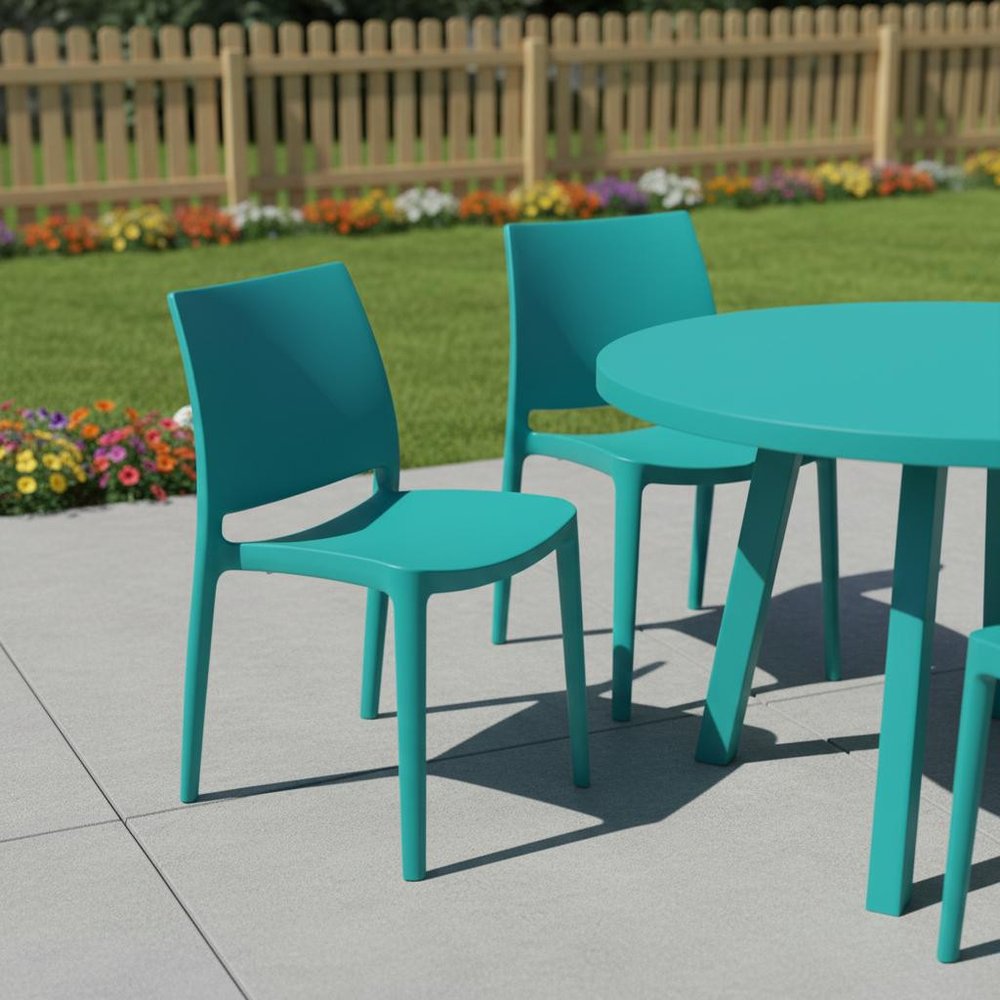Set of Four Turquoise Heavy Duty Plastic Outdoor Stacking Dining Chairs  Warm Home View