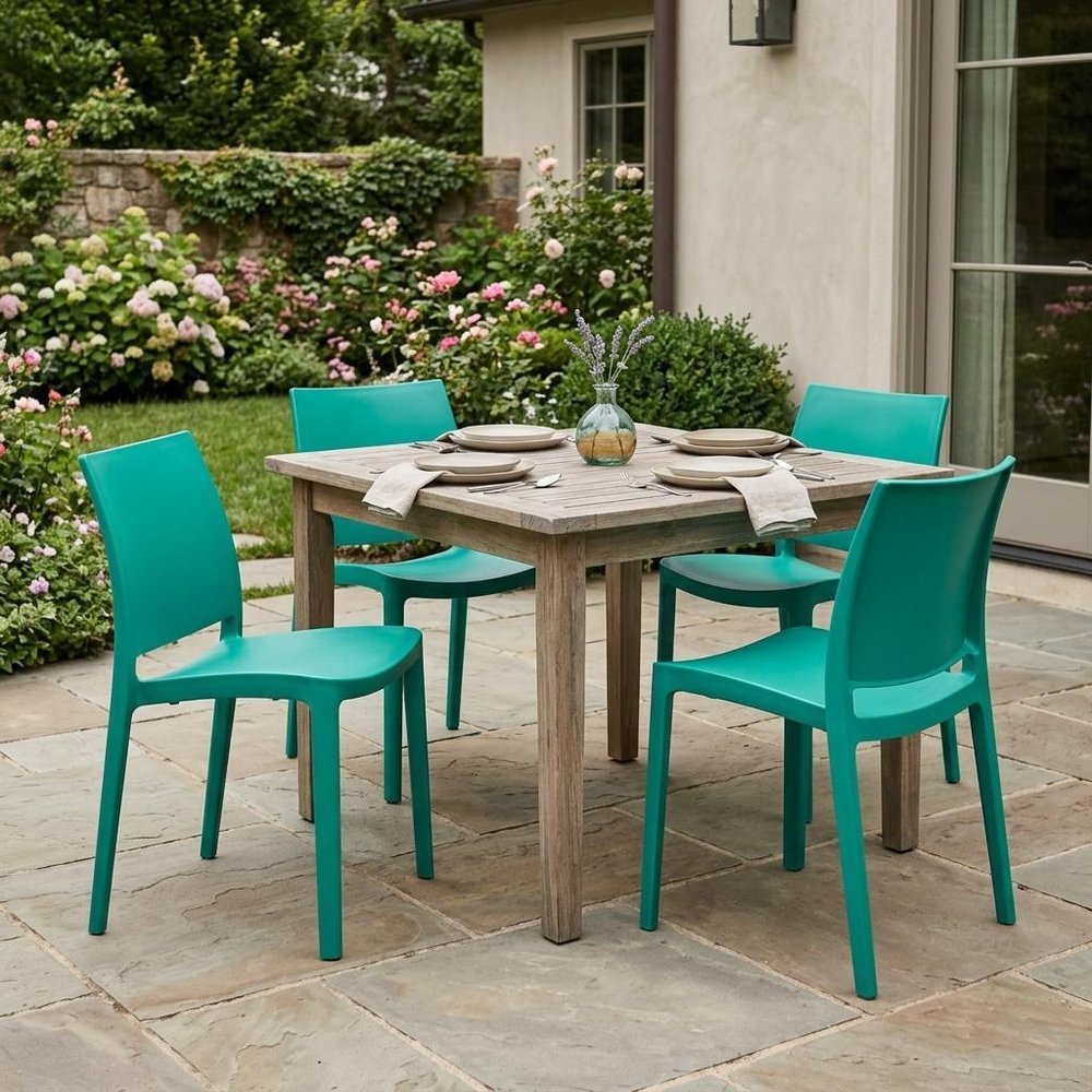 Set of Four Turquoise Heavy Duty Plastic Outdoor Stacking Dining Chairs  Warm Home View