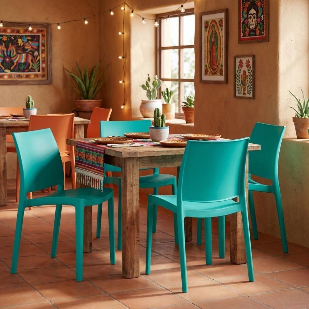 Set of Four Turquoise Heavy Duty Plastic Outdoor Stacking Dining Chairs  Warm Home View