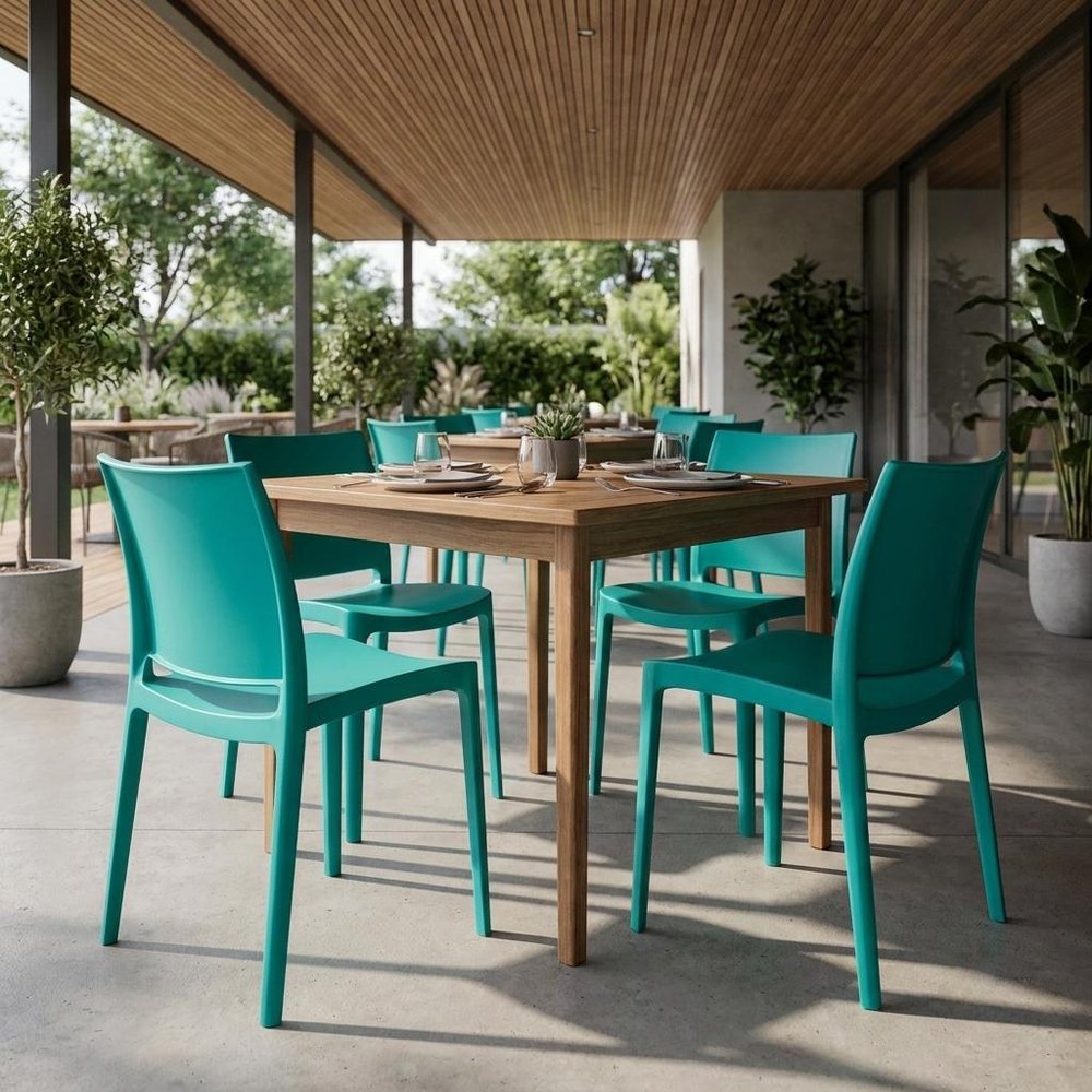 Set of Four Turquoise Heavy Duty Plastic Outdoor Stacking Dining Chairs  Warm Home View