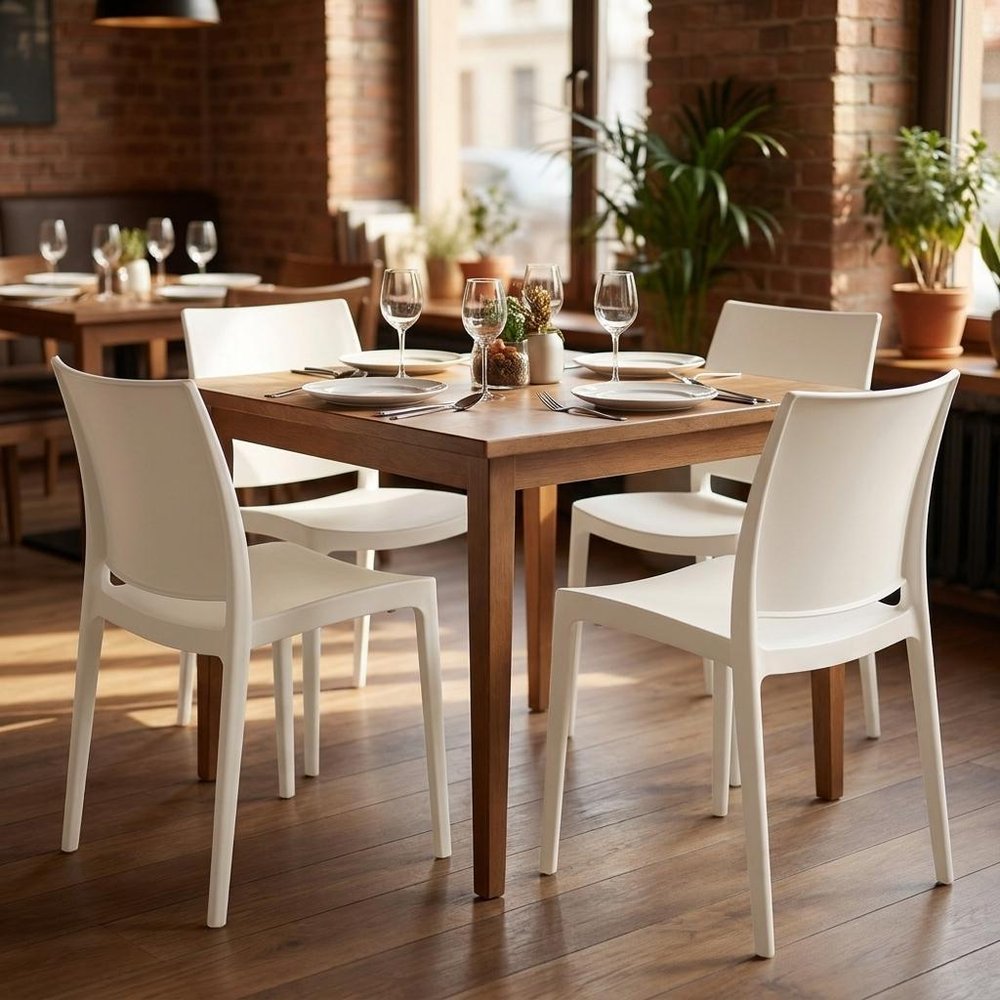 Set of Four White Heavy Duty Plastic Outdoor Stacking Dining Chairs  Warm Home View