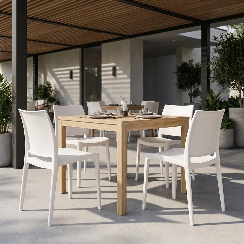 Set of Four White Heavy Duty Plastic Outdoor Stacking Dining Chairs  Warm Home View