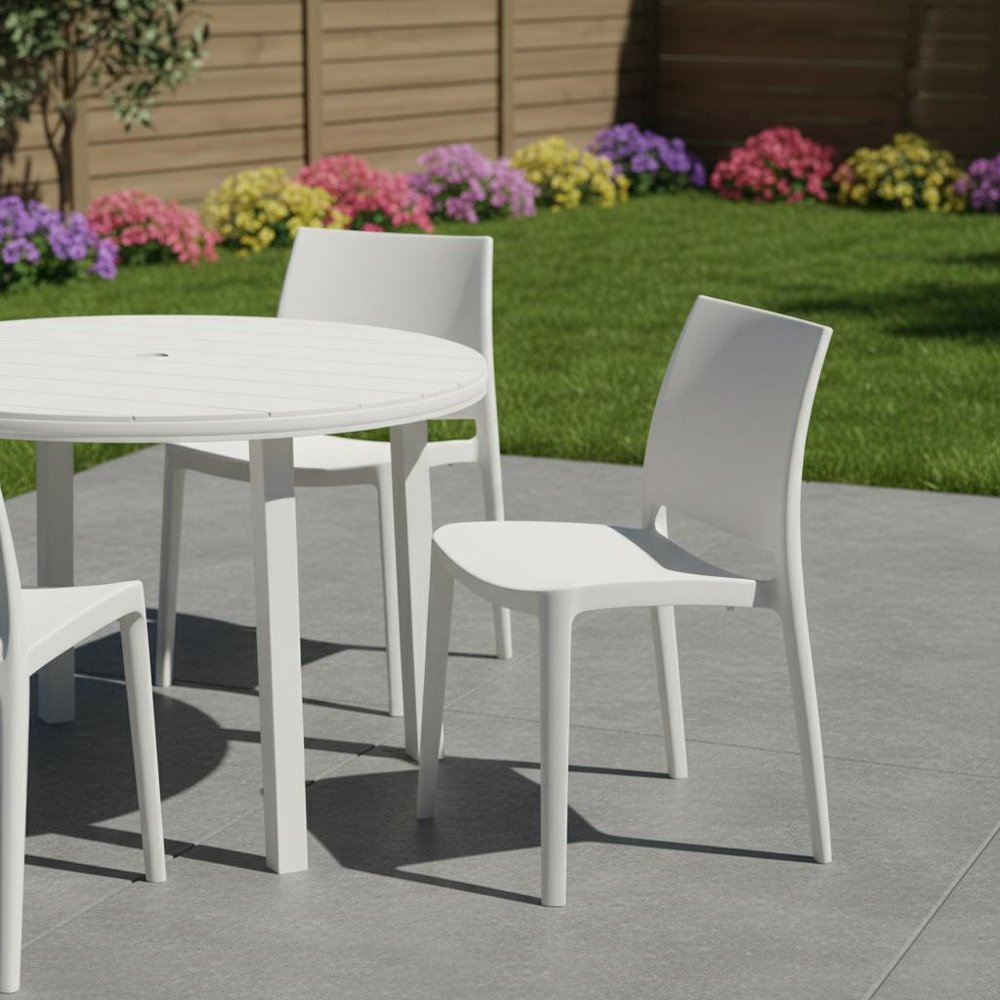 Set of Four White Heavy Duty Plastic Outdoor Stacking Dining Chairs  Warm Home View